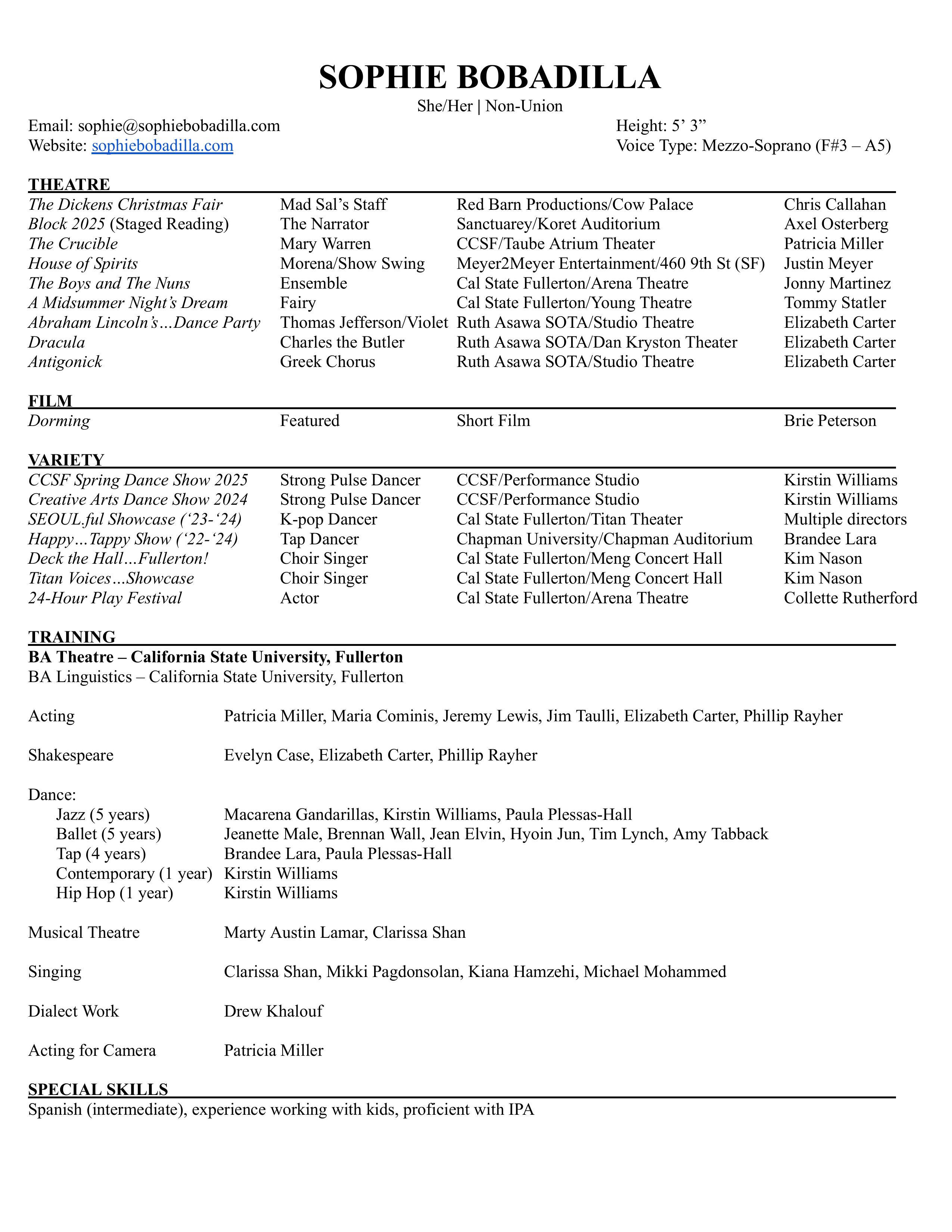 Sophie Bobadilla Theatre Resume