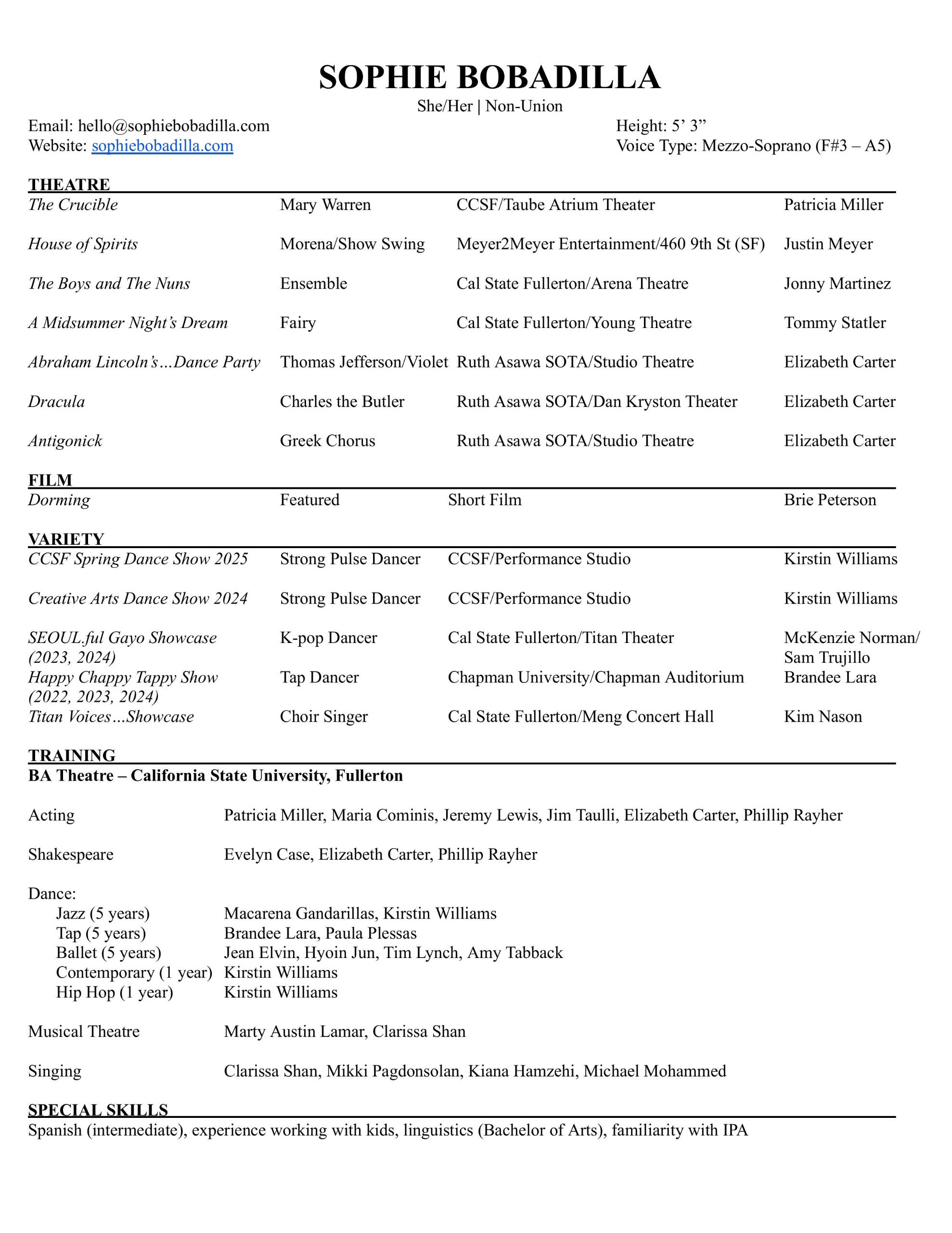 Sophie Bobadilla Theatre Resume
