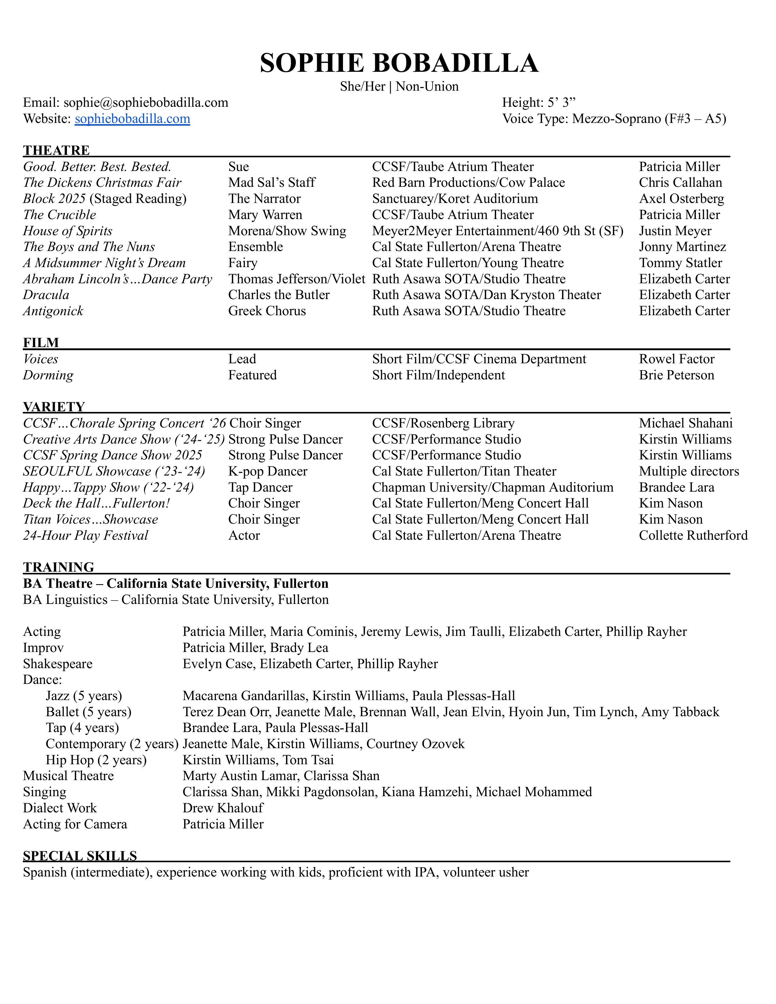 Sophie Bobadilla Theatre Resume